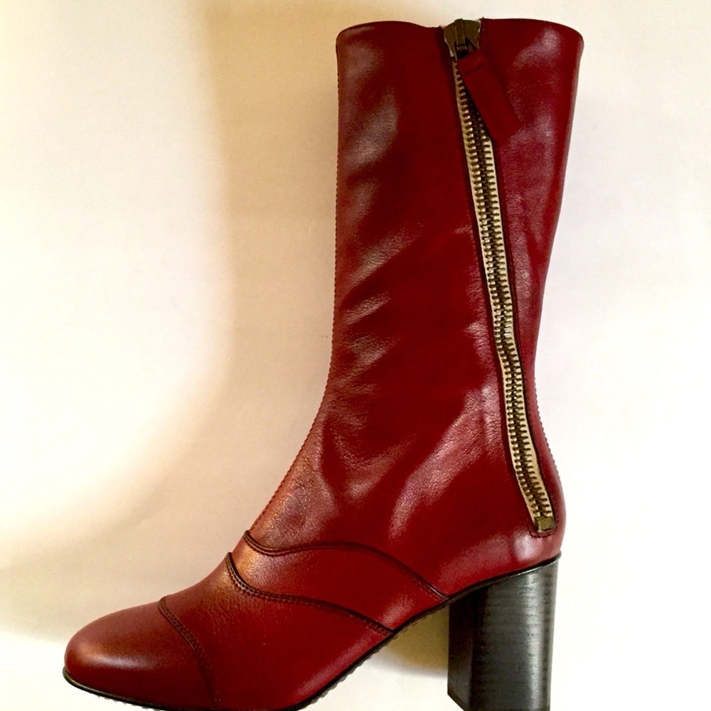 NWT CHLOE BURGUNDY MID-CALF DOUBLE ZIP, MID-HEEL BOOT